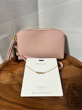 Lumiela "Kaylee" Personalized Necklace Nickel Free Gold Color & Pink Wristlet